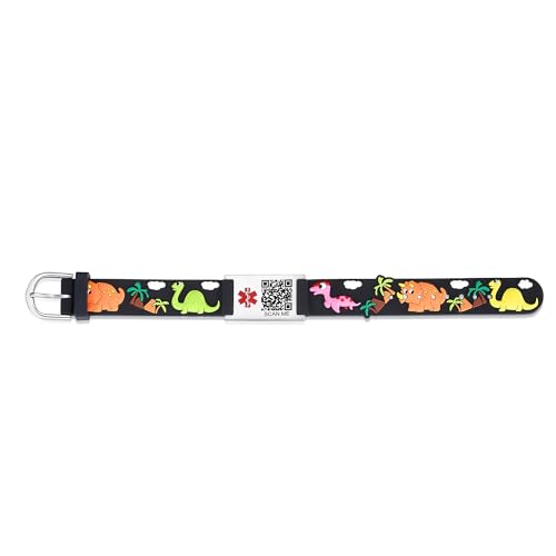 Image of LinnaLove Medical Alert ID Bracelet - Custom or Pre-Engraved, QR Code Available,Blue Dinosaur Band