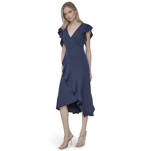 Image of DKNY Women's Ruffle Cap Sleeve Surplice Neck Fit and Flare Midi Dress