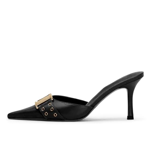 Image of DOEYG Women Pointed Toe Bow Heels Mules Slip on Stiletto Heels Sandals Dress Party Wedding Studded Heels Pumps