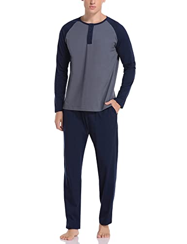 Aseniza Herren Schlafanzug Lang 100% Baumwolle mit Knopfleiste Pyjama Winter Langarmshirt und Pyjamahose für Männer,Z-Dunkelblau,S