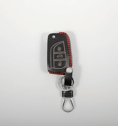 Image of Leather Smart Car Key Cover Case with Metal Hook Keychain for Toyota Corolla Altis Innova Crysta (Black)
