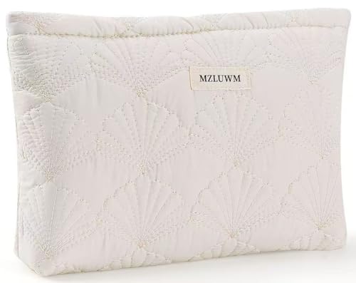 White Cotton Quilted Makeup Pouch，Cute Puffy Coquette Makeup Bag,Floral Cotton Quilted Cosmetic Bag for Women and Girls,Makeup Organizer Bag Zipper Pouch (White Shells)