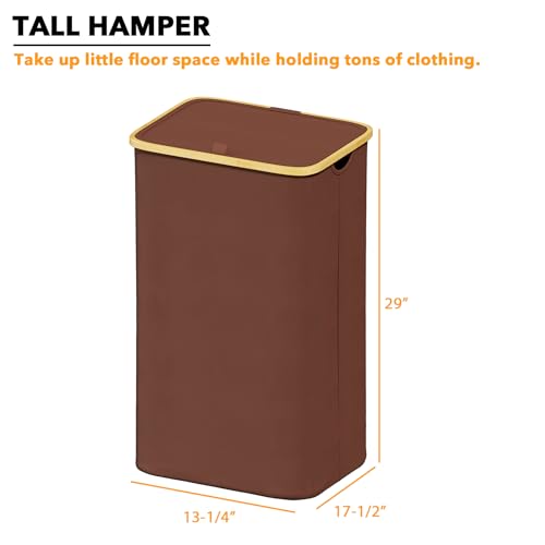 SpaceAid Laundry Hamper with Lid, 110L Large Tall Clothes Basket Bin with Bamboo Handles, Collapsible Laundry Hamper for Bedroom, Bathroom, Dorm, Laundry Room - Brown