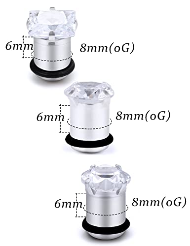 Vsnnsns VSN0924 0G 316L Surgical Stainless Steel Cubic Zirconia Ear Gauges Plugs Tunnels Taper Stretching Kit Expander Piercing Jewelry For Women Men 8Mm Circular Cz Square Cz Heart Cz 0 Gauge Silver 3 Pairs thumb #1