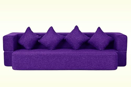 Image of Rosebell Flipper Three-Seater | 70 X 46 X 9 | Foldable Sofa Cum Bed with Washable Fabric Four Cushions - Purple Color