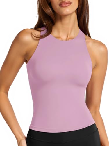 Image of LASLULU Womens High Neck Workout Tank Tops with Built in Bra Strappy Back | Low to Medium Impact,Longline Halter Neck Sports Bra,Fitted Compression,Padded Athletic Yoga Running Gym Pilates Tank Tops