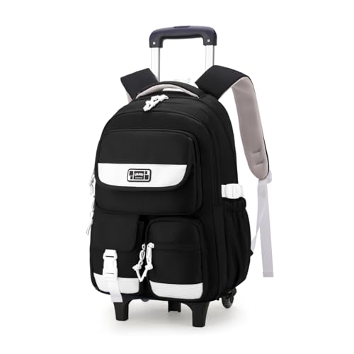 LANSHIYA 無地 ガールズ キャスター付きバックパック スクールバッグ 小学生 トロリー デイパック, ブラック-2輪, 2 Wheels