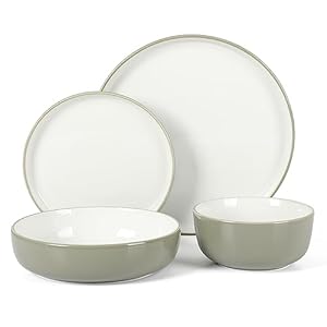 Sur La Table Kitchen Essentials 16 Piece Two-Tone Porcelain Chip and Scratch Resistant Dinnerware Plates and Bowls Set – Grey/White