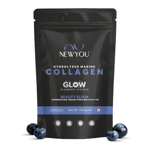 Image of NewYou Collagen Glow Marine Collagen Powder for Skin, Hair & Nail Support | With Glutathione, Biotin, Hyaluronic Acid & Vitamins B Complex, C & E | Supports Skin Hydration & Hair Health | Blueberry Flavour | 500g