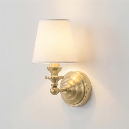 Image of Antique Linen Shade Wall Sconce- Brass Finish Base and Conical Fabric Shade Wall Light Fixture for Bathroom, Bedroom, Dining Room and Entryway(6.5 inch D x 11.5 inch H Brass)