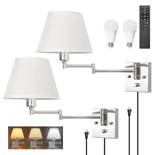 Image of TRLIFE Wall Sconces Plug in, Remote Control Dimmable Wall Sconce and Adjustable Color Temperature 2700K-6500K, Swing Arm Wall Lights with Plug in Cord, 9.4 inch Medium White Fabric Shade(2 Pack, 2 Bulbs)