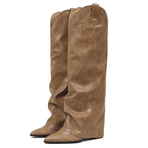 Image of EQAUDES Knee High Boots for Women Tall Cowboy Cowgirl Fold Over Shark Boots | Snip Toe, 3.5'' Block Heel, Hidden Zipper, Studded Desgin, Festival Boots, Slouch Boots for Party, Travel and Formal Outfits