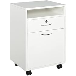 Cajoneras Baratas Alcobendas HOMCOM Cajonera para Oficina con 4 Ruedas 2 Frenos Cajón Cerradura Estante Abierto y Armario Estudio Habitación 40x35x60cm Máximo 25kg Blanco