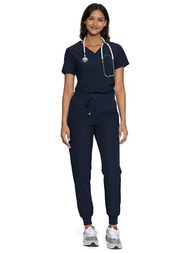 floralhue Scrubs for Women Womens Medical Scrub Sets V-Neck Scrubs Top & Cargo Pants with 12 Pockets Navy Blue M