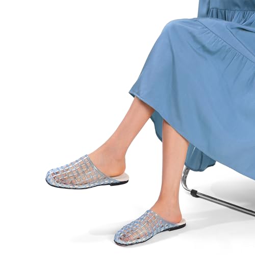 Clear Jelly Shoes for Women Slip on Jelly Mesh Slides Comfortable Closed Toe Flats Sandals Summer Beach Slippers.