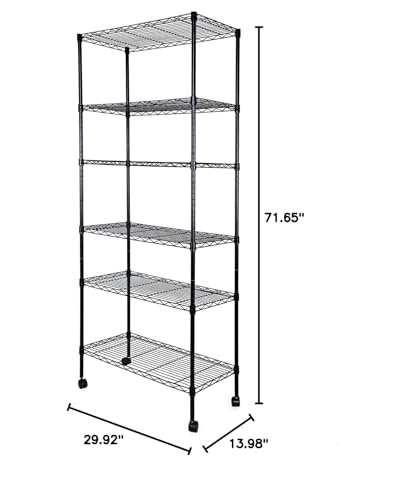 Image of Simple Deluxe 6-Tier Shelving Units, 29.92'' W x 13.98'' D x 71.65'' H Adjustable Wire Shelving with Hanging Hooks and Wheels, Black