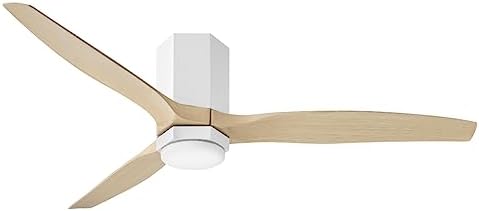 Hinkley Facet 52" Indoor/Outdoor LED Dual Mount Ceiling Fan with Remote, Compact Hexagon-Shaped, Decorative, Modern Propeller, Matte White and Natural Wood finish blades