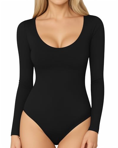 MANGOPOP Women's Scoop Neck Short Sleeve Long Sleeve Stretchy Basic Bodysuit Shirt