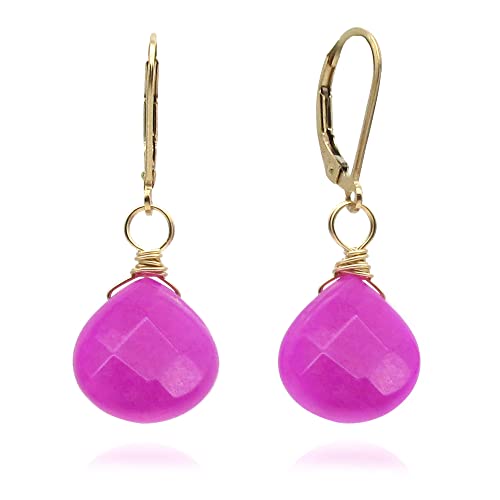 Hot Pink Fuchsia Jade Gemstone Drop Earrings, 14k Gold Filled Leverback