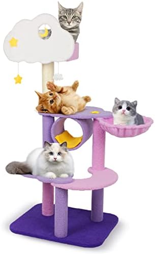 Cute Cat Tree, Multi-Level Purple Cat Trees, Moon Cat Tree for Indoor Cats. Cozy Kitten Furniture Condo, with Cat Scratching Post and Funny Toys, Cat Lover Gift