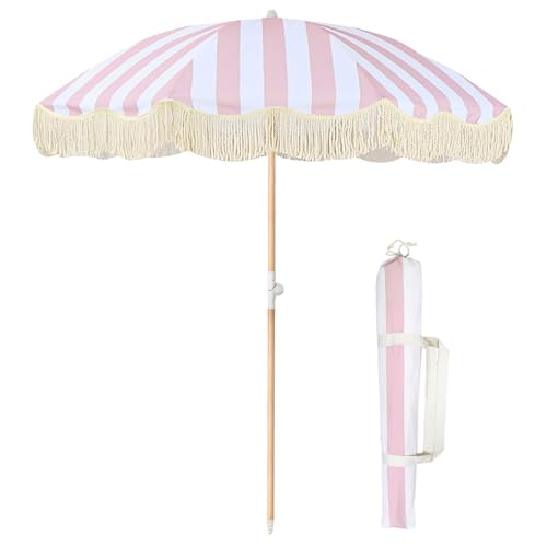 Boho Outdoor Umbrella with Tassels,6ft Table Umbrella Outdoor Patio with Knobs Tilt,Wind Resistant Portable Beach Umbrellas UPF50+ Fringe Umbrellas For Pool Backyard Deck Garden (Pink Stripe) by Lefedrasticity - Used condition - US$64.99