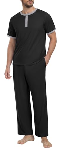 PrinStory Men's Pajama Set Pjs Sleepwear Lightweight Quick Dry Cozy Short Sleeve Button Neck Shirts and Pants Soft Sleep Sets
