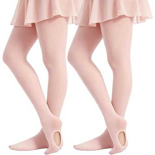 DUCMODA Ballettstrumpfhose für Mädchen | Konvertierbare Kinder-Strumpfhose mit Loch & Ohne Fuß | Weiche Elastische Tanzstrumpfhose 2 Paar Ballett Rosa 116-134