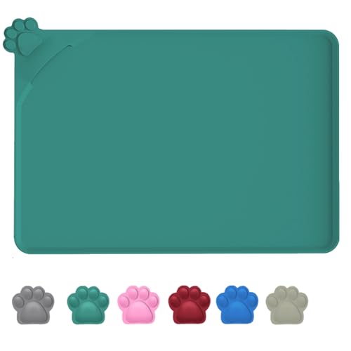 Yuntrav Silicone Pet Food Mat Dog Cat Waterproof Spill Proof Mess Control Easy Clean Floor Protector 18.8L x 11.8W Inch Green