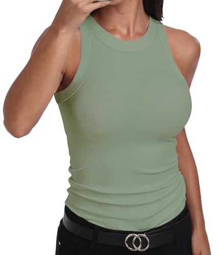 GEMBERA Womens Sleeveless Racerback High Neck Basic Ribbed Knit Fitted Tank Top Sage Green M