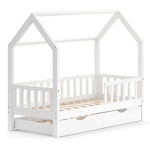 VitaliSpa Hausbett 80x160 cm Wiki mit Gästebett - Weiß 168x150x87 cm hergestellt aus Holz - Bett perfekt für Kinder geeignet, gemütlicher Ort für sicheren Schlaf