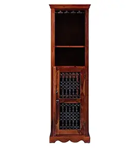 PIPERCRAFTS Wooden Bar Cabinet & Wine Rack with Glass Holder, & Door Cabinet Sheesham Wood/Rose Wood Furniture for Home Bar Liquor Natural Finish, Long Size (Design 6)