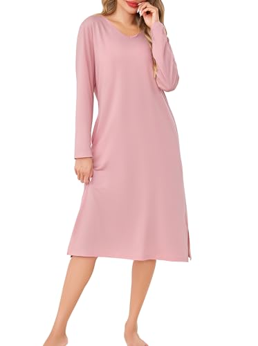 Wikoan Nachthemden für Damen Langarm Baumwolle Nachthemd & Schlafshirt Weich Langes Nachthemd Winter Nachtwäsche mit Taschen Rosa XL