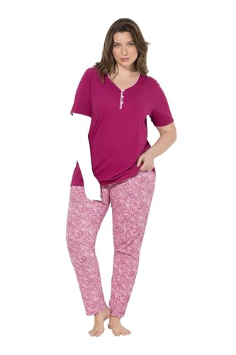 Ulla Popken Pijama de Mujer Tallas Grandes Tallas Grandes Tallas Grandes con Borde Decorativo, Estampado de Encaje, Media Manga, Fucsia, 46-48