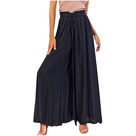 ALCRISP Hose Damen Sommer High Waist Plissee Palazzo Hose mit Gummizug Weites Bein Chiffon Freizeithose Elegante Einfarbig Marlenehose thumbnail