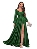 JKMMYO Lantern Sleeves Emerald Green Satin Bridesmaid Dresses Emerald Green for Women Pleated Long Prom Evening Dress with Slit Size 4