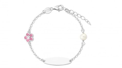 Turmalina - Pulsera esclava ID de Plata de Ley 925 bebé o niña, pulsera con placa y motivos de flor y perla, largo de 11 más 2,5 cm de extensor de la marca de joyería Turmalina by Martina