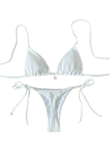 GORGLITTER Triangle Bikini Set Damen Neckholder Bademode 2- teiler Badeanzug mit Knoten Swimmwear Urlaub Strand Outfits Strandmode Weiß S