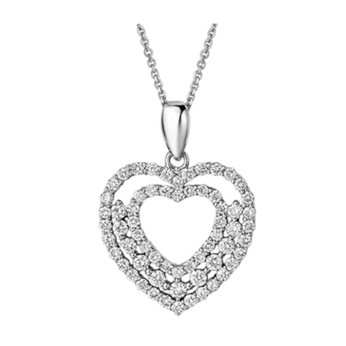 Image of Stfery 9K White Gold Necklace, Pave Nested Hearts Pendant with Lab Grown Diamonds 0.6ct, Necklace Real Gold Au375 for Women