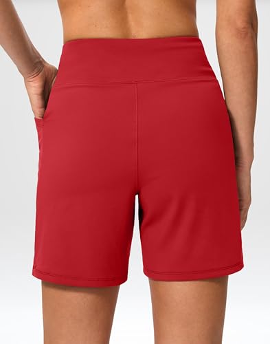 Women's Athletic Shorts 6" High Waisted Stretchy Bermuda Shorts for Women Quick Dry Summer Casual Shorts(Red,S) — view 2