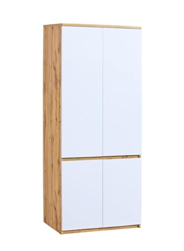 MINIO go for it - Kleiderschrank 80 cm Breit, Schlafzimmer Schrank mit 4 Türen und 1 Kleiderstange, ARCCA Serie, Kleiderschrank Weiß/Wotan Eiche - B:80cm x H:195cm x T:52cm