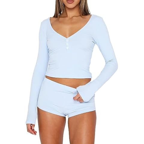 RUEWEY Womens Ribbed Knit Pajama Sets Long Sleeve Top and Shorts Matching Lounge Set PJ Set 2 Piece Outfits (S, B-Blue) Cover
