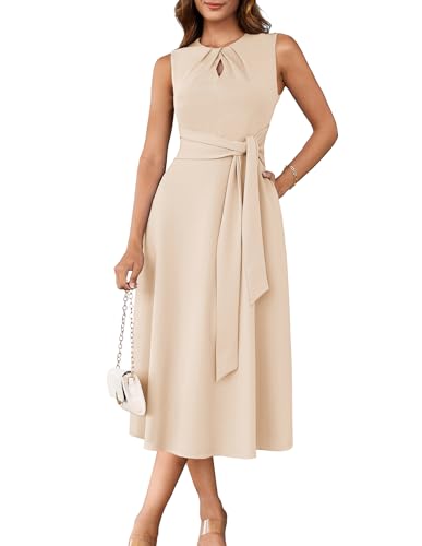 Image of GRACE KARIN Women 2026 Work Dress Sleeveless Tie Waist Elegant Party Cocktail A Line Flowy Midi Dresses with Pockets