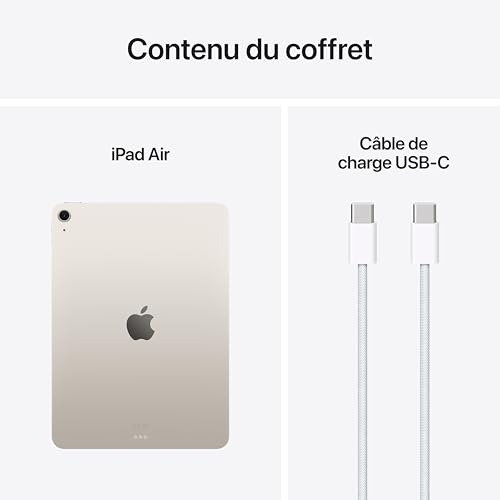 Apple iPad Air 11 Pouces avec Puce M3 : Apple Intelligence, écran Liquid Retina, 256 Go, caméras Avant/arrière 12 Mpx, Wi-FI 6E, Touch ID, autonomie d’Une journée – Lumière stellaire