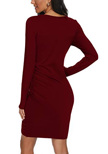 GRECERELLE Women's Casual Fashion Ruched Elegant Bodycon Party Dresses Long Sleeve Wrap Front Irregular Hem Mini Short Dress Wine Red-Medium