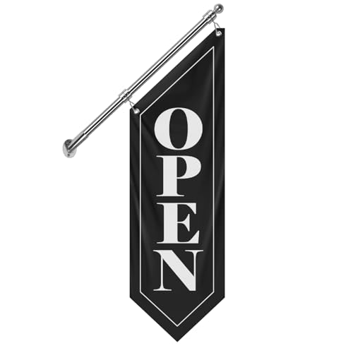 QSUM Double-Sided Open Flag with Pole Kit, 12"x35" Vertical Storefront Open Sign with Wall Mounted Hanging, Outdoor Vintage Open Banner for Shop, Cafe, Restaurant, Retail Store, Farm Stand Business by QSUM - Used condition - US$27.36