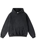 Iwing Mens Oversized Acid Wash Hoodie Sweatshirt Heavyweight Fleece Hoodies Unisex Vintage Cotton Washed Distressed Sweatshirts for Women Men Couples Fall Winter Streetwear 2026 Black