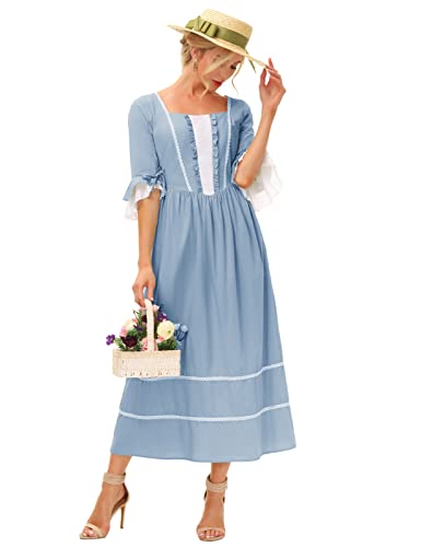 a woman wearing a Blue Pioneer or Colonial Costume Dress and a wide-brimmed hat 