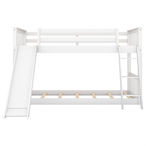 Twin-Over-Twin-Floor-Bunk-Bed-with-Slide-and-LadderSolid-Pine-Wood-Low-Bunkbeds-wSafety-GuardrailsNo-Box-Spring-Needed-Noise-Free-for-Dorm-Bedroom-Guest-Room-White