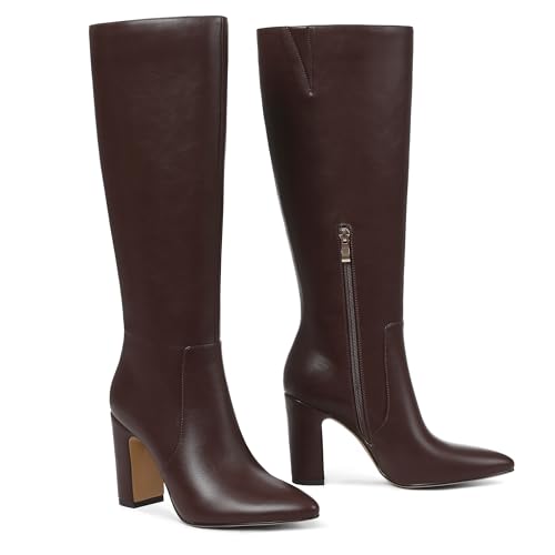 LinnOaks Knee High Boots Women Chunky Heel Wide Calf Gogo Leather Elastic Pointed Toe Side Zipper Fashion Casual Party Dress Long Tall Boots For Women2