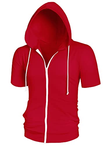 Image of Lars Amadeus Men's Hoodie Jacket Short Sleeve Zip Up Solid Color Red